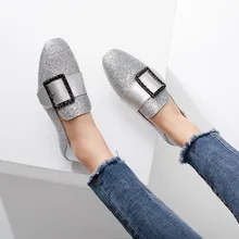 Тонкие Туфли с квадратной пряжкой и блестками; женские мокасины в британском стиле; цвет черный, серебристый; фирменный дизайн; кожаные туфли; женские мокасины