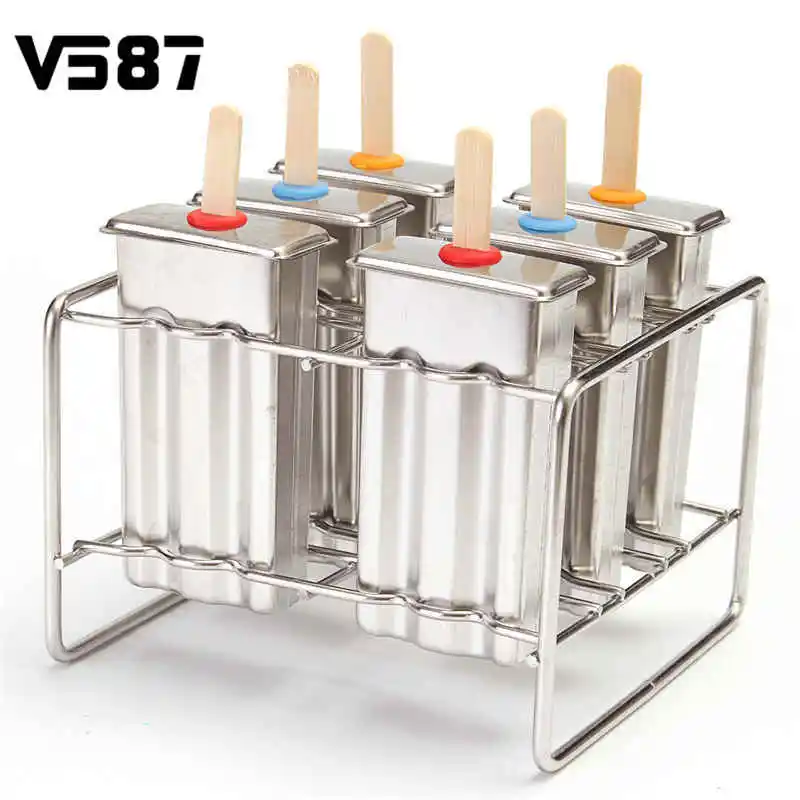 Stainless Steel Popsicle Mold Ice Cream Stick Holder 6 Molds Silver