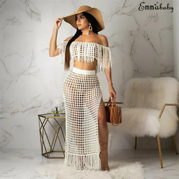

New Women Fashion Long Sleeve Boat Neck Tassel Hollow Sexy Out Side Slit Beach Off Shoulder Tassels Hollow Out Sleeveless Set