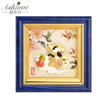 

Chinese Zodiac Dog Year Gold Leaf Crafts Gifts wall hanging frame picture Modern Art desktop Home Decor Family Pictures Display