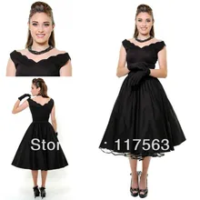 Schaukel 1950 s Stil Schwarz Eine Linie V-ausschnitt Flügelärmeln Taft Und Organza Tee Länge Formale Cocktailkleid JW087