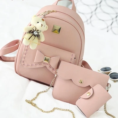 pink 3 шт./лот, маленький женский рюкзак из искусственной кожи, модная школьная сумка для девочек, sac a dos femme с пакетом и медведем, mochila - Цвет: pink