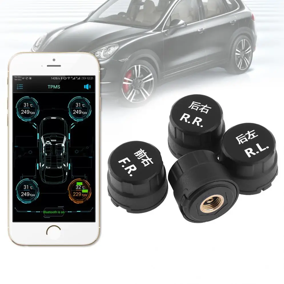 

4pcs 5V Smart Car TPMS Bluetooth 4.0 Tyre Tire Pressure Monitoring System APP Display External Sensors Support Android IOS