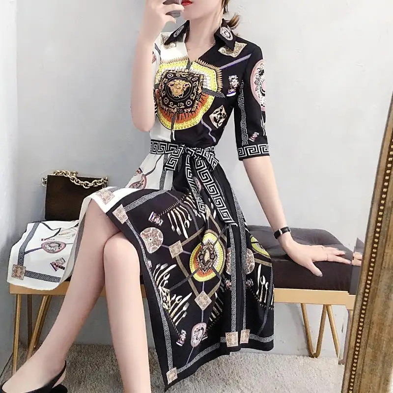 Китайский стиль, летнее тонкое шифоновое платье с завышенной талией и принтом, ретро элегантное офисное женское платье с асимметричной баской, платье с коротким рукавом - Цвет: Бежевый