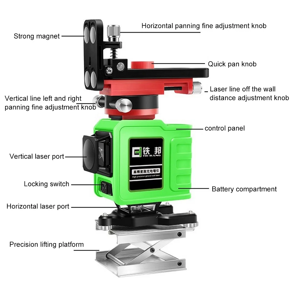 

3D 12 Lines Green Laser Level Wall Stand Lifting Platform 5200mah 18650 Battery Green Laser Beam Horizontal Vertical Cross
