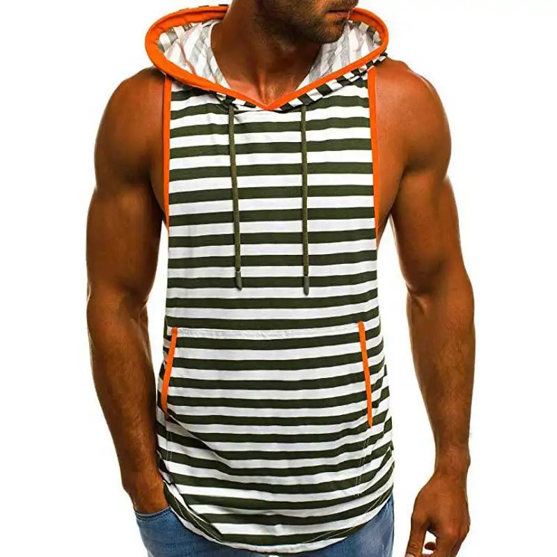 

Male Hooded Vest Undershirt Summer Fitness Hoodie Tank Top Mens Stringer Striped Sleeveless Bodybuilding Tee Shirts Men MY076