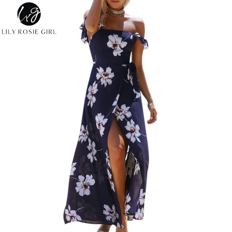 

Lily Rosie Girl Elegant Off Shoulder Boho Floral Print Dress Sexy Backless Summer Beach Maxi Long Split Party Dresses Vestidos