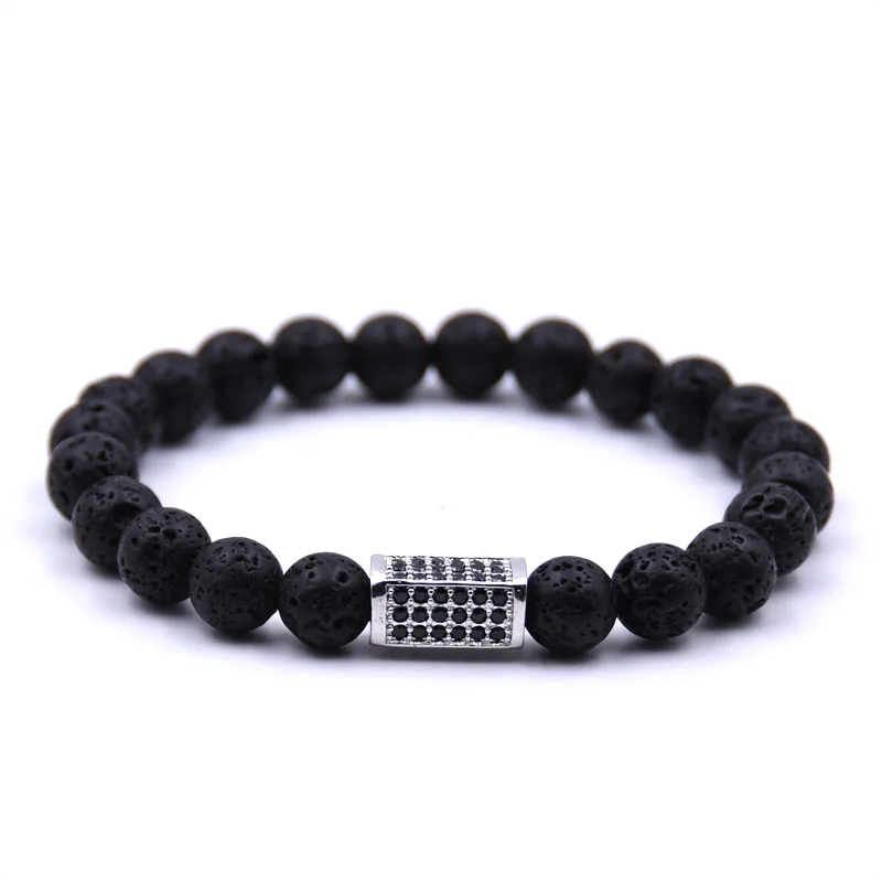 

KANGKANG Hot Selling Volcanic stone Bracelet Micro-inlay Zirconia 4 colors Quadrangular prism 8mm Elastic Rope Bead Bracelet