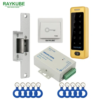 

RAYKUBE Access Control Kit Electric Strike Lock + Access Control RFID Metal Touch Password Keypad +ID Keyfobs+Exit Button