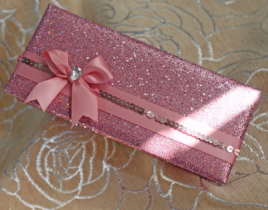 Wedding Invitations Modern Unique Invites Luxury Glitter Wallet Style Wedding Invitation Pink Color With Ribbon And Paper Bag Mixed