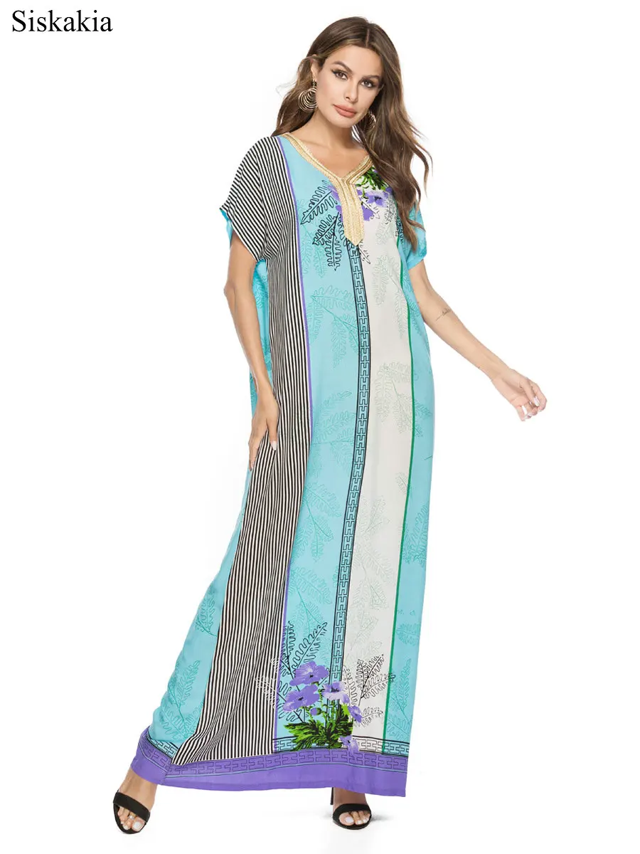 Siskakia Stripe Print Maxi Long Dress Women Elegant Loose Bohemia Style Female Long Dresses Light Blue V Neck Short Sleeve New (2)