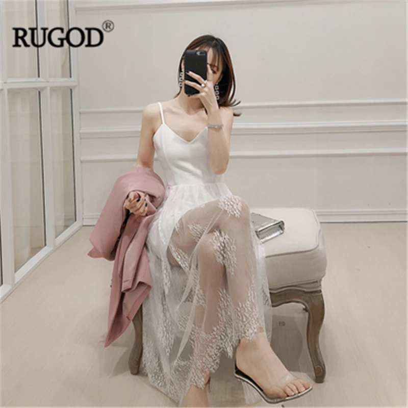 Женское кружевное платье RUGOD длинное однотонное с треугольным вырезом 2019|Платья|