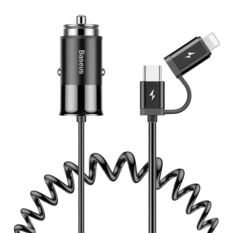 Baseus 2 в 1 USB C автомобильное зарядное устройство usb type C пружинный кабель USB C кабель зарядное устройство для телефона адаптер для iPhone X 8 samsung USB Автомобильное зарядное устройство - Тип штекера: Black