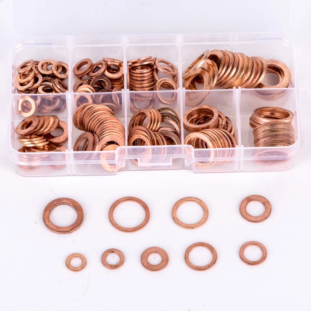 200pcs Assorted Copper Washer Flat Ring Seal M5-M14 Gasket Set Assortment Kit with Box For Hardware Accessories