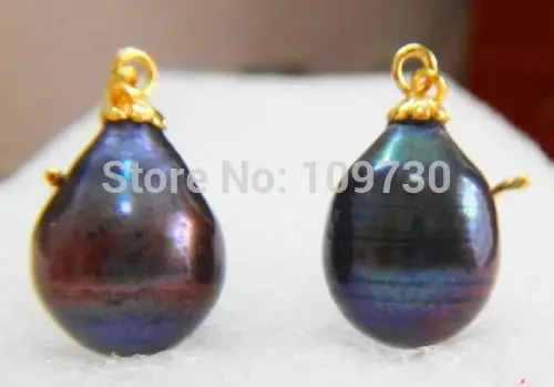 

ry00315 PAIR OF PERFECT NATURAL TAHITIAN GENUINE 15MM BLACK DROP PEARL EARRING 14K A0422