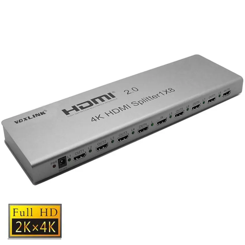 

VOXLINK 1X8 HDMI 2.0 splitter 4K 3D 1 In 8 Out HDMI Switcher Splitter Video Converter Support HDCP2.2,EDID with power adapter