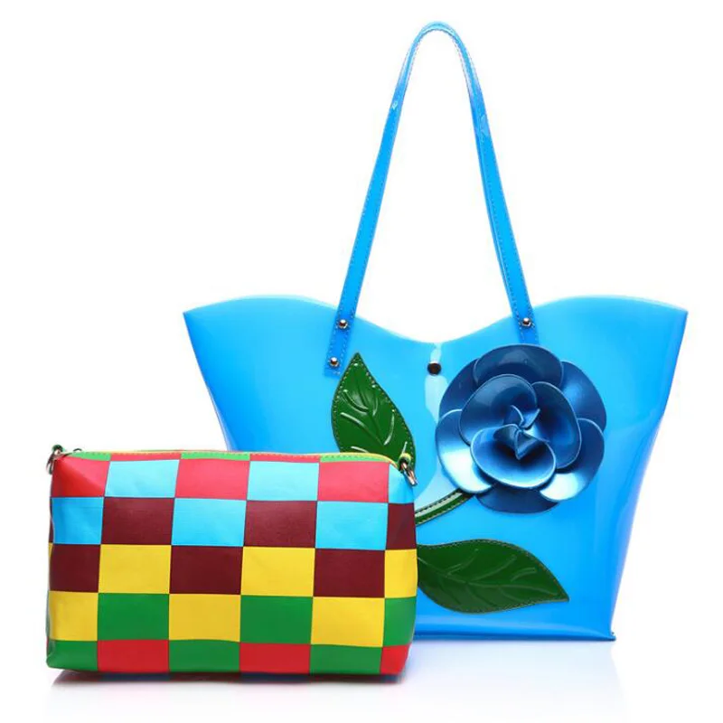 

caker brand 2018 Women Shoulder Bag Set High Quality PVC Handbags Luxury Flower Beach Bag Candy contrast Color Bolsos