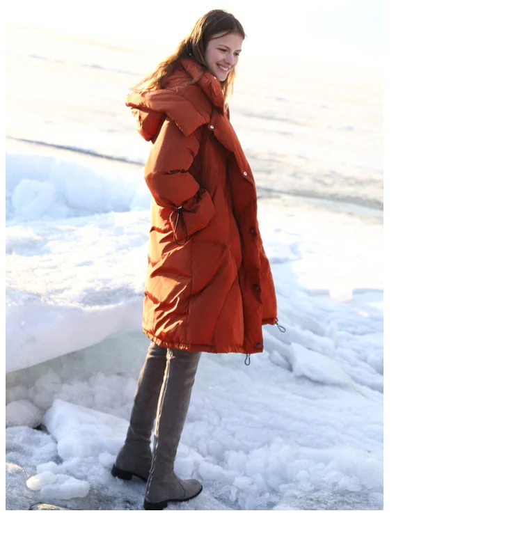 Amii минималистский Корейский досуг 90% белый утиный пуховик женский зима свободный с капюшоном длинный рукав длинное пальто