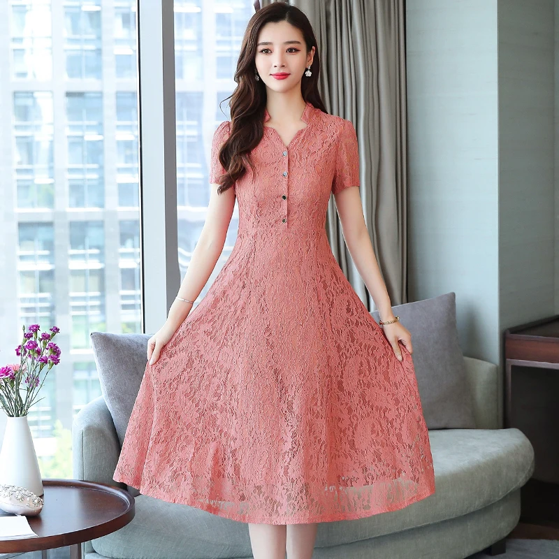 Women Summer Midi Slim Lace Dress Office Black Elegant Plus Size 3XL Vacation Button Red Lady Dress Vintage Runway Dress New