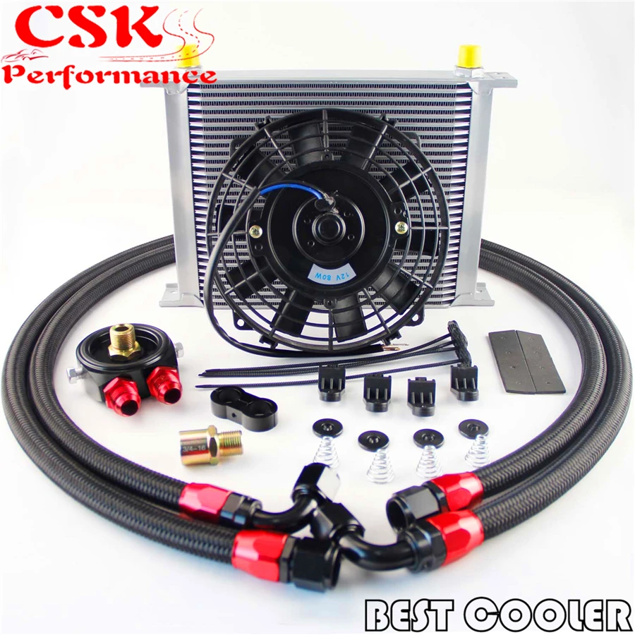 

Universal 30 Row Engine 10AN Oil Cooler w/ Filter adapter hose + 7" Electric Fan Kit Black