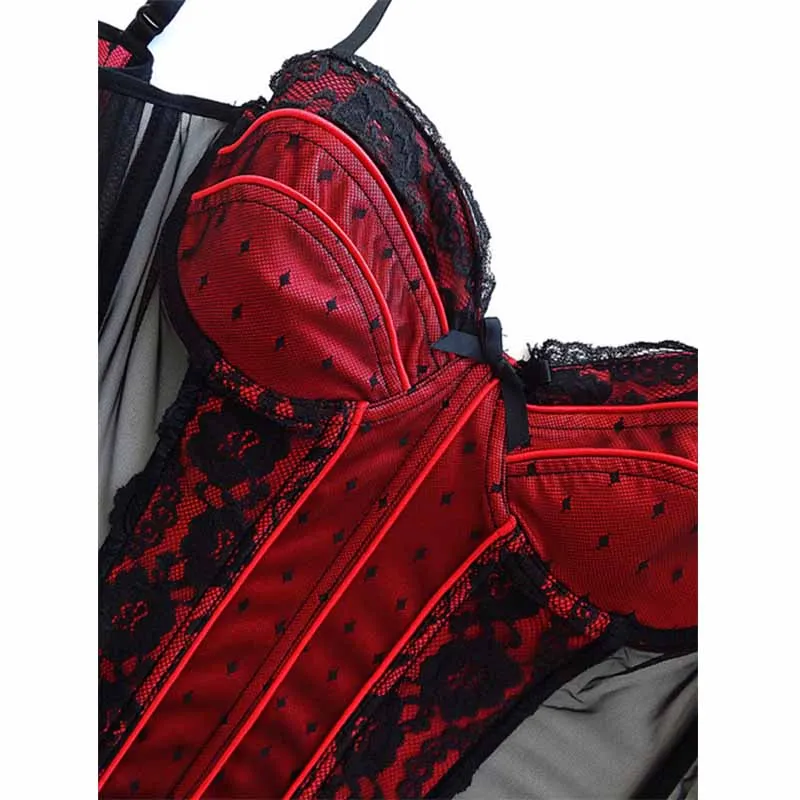 Red Steel Boned Corset Sexy Bustier Mesh Corselet Summer Nightwear Gothic Clothing Lingerie Babydoll Straps Slimming Korset (5)