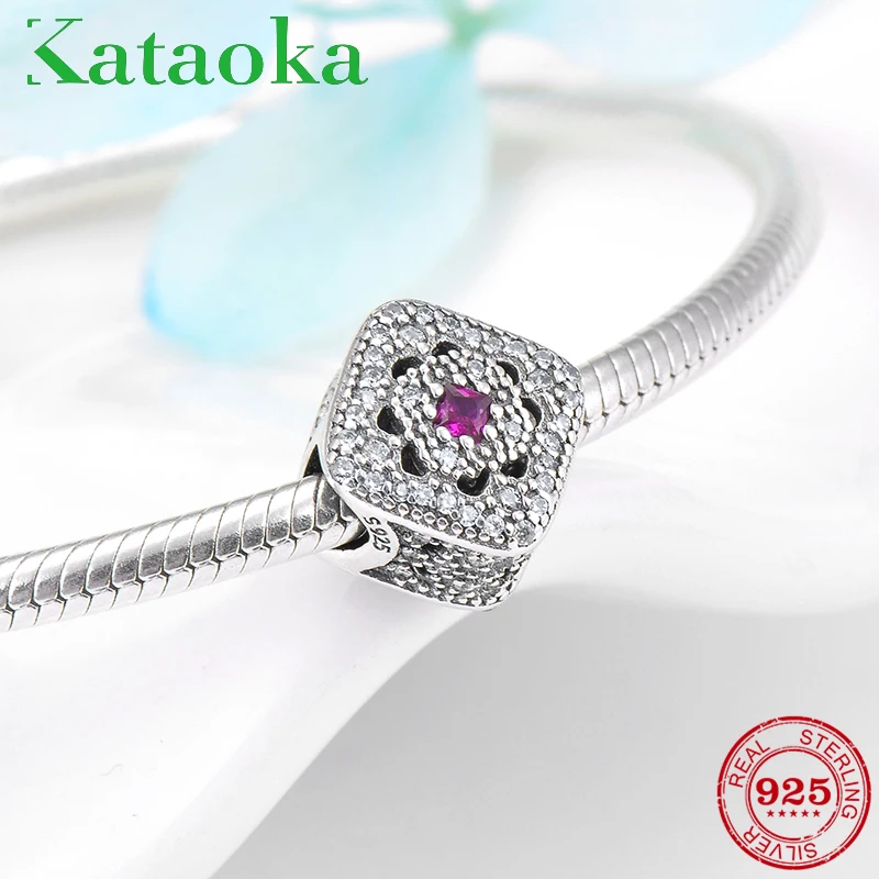 

2018 fashion luxury 925 Sterling Silver charms pink CZ beads square shape Fit Original Pandora Charms Bracelet Jewelry Making