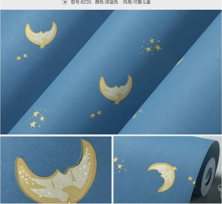 Children's room wallpapers for kids boy girl blue starry sky moon cartoon non-woven wall paper bedroom warm color household deco