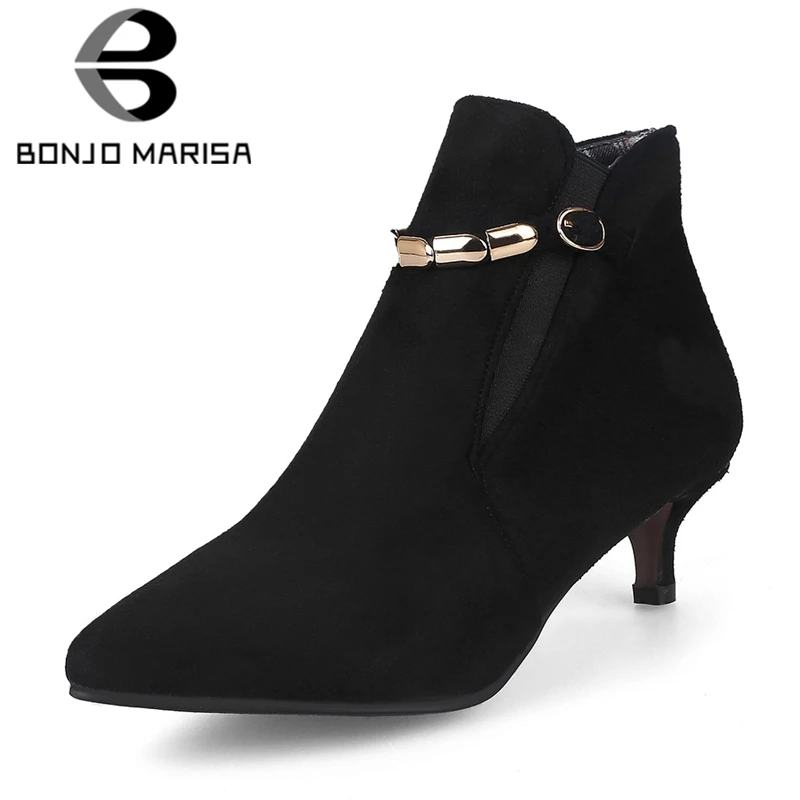 BONJOMARISA/женские сапоги размера плюс, большие размеры: 33-46 Лидер продаж весенние черные ботинки «Челси»; женская обувь с острым носком, без шнуровки, женские ботинки на низком каблуке металлическое украшение; обувь