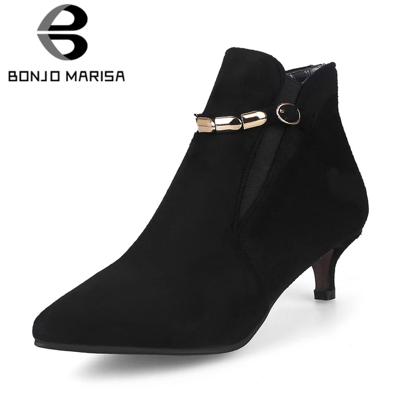 Vente BONJOMARISA Plus Taille 33 46 Offre Spéciale Printemps Noir Chelsea Chaussons Femmes Bout Pointu slip on Talons Bas Chaussures femme Métal Décorer