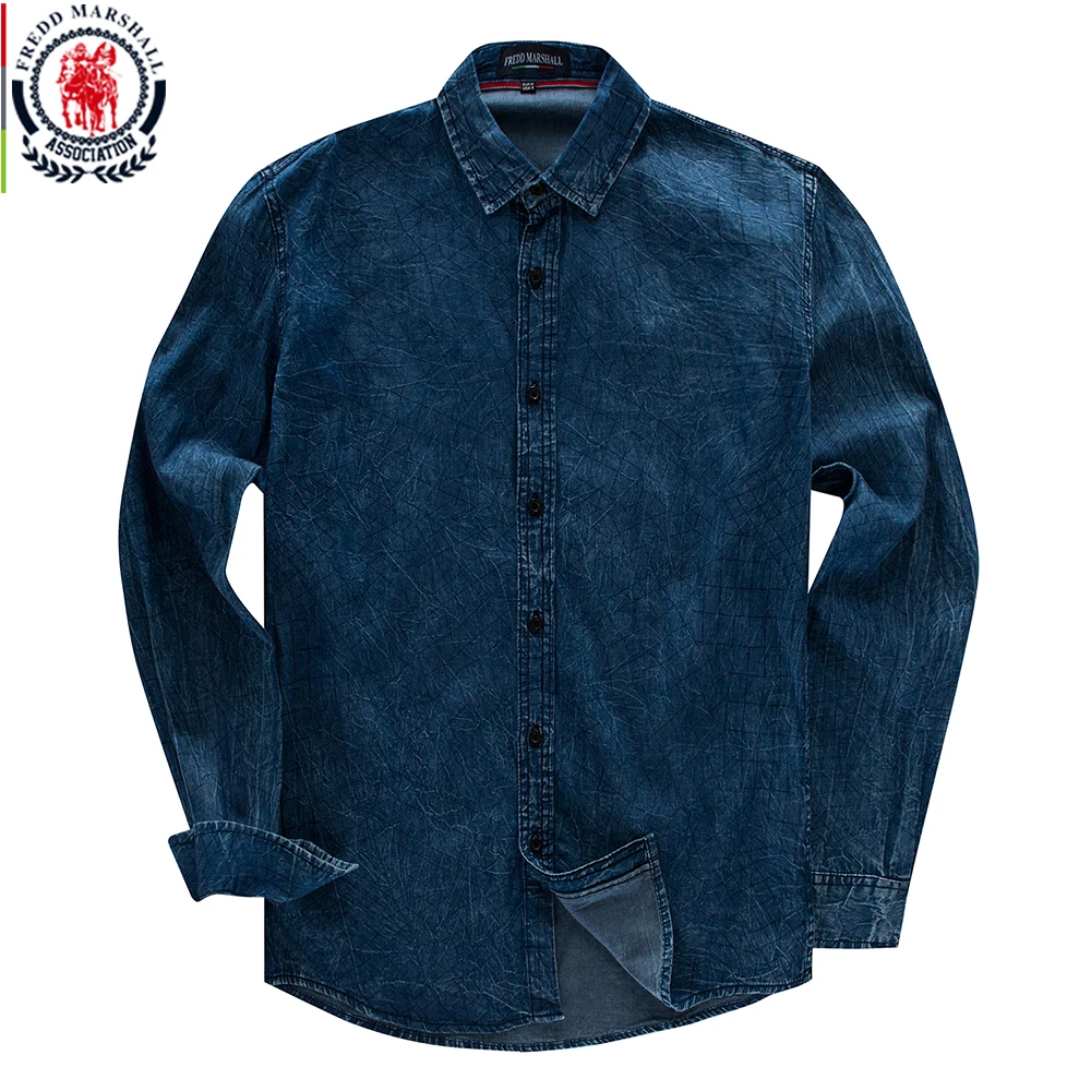 

Fredd Marshall 2018 Men Shirts Fashion Irregular Plaid Shirt Long Sleeve Casual Denim Shirt Men Vintage Shirt Brand Clothes 162