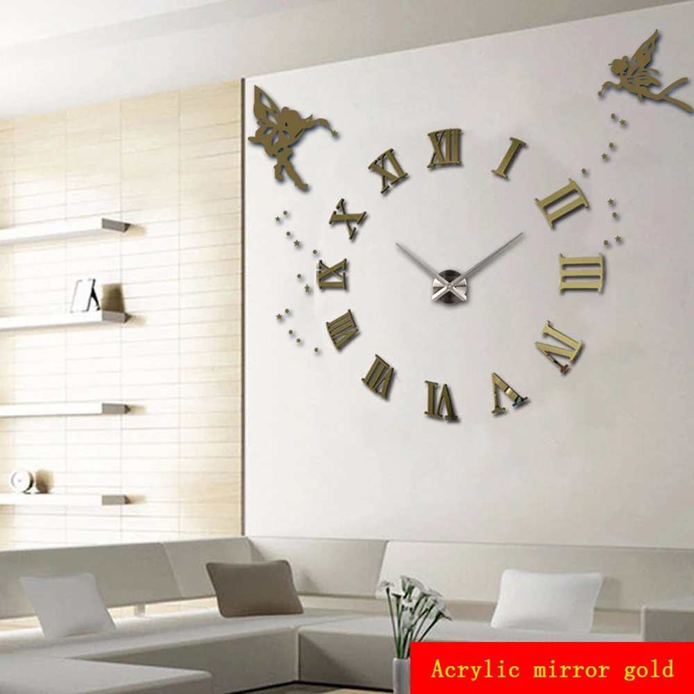 Большие настенные часы с ангелом, 3D, DIY, большие кухонные часы, римские цифры, акриловые зеркальные наклейки, большие настенные часы для гостиной - Цвет: Gold