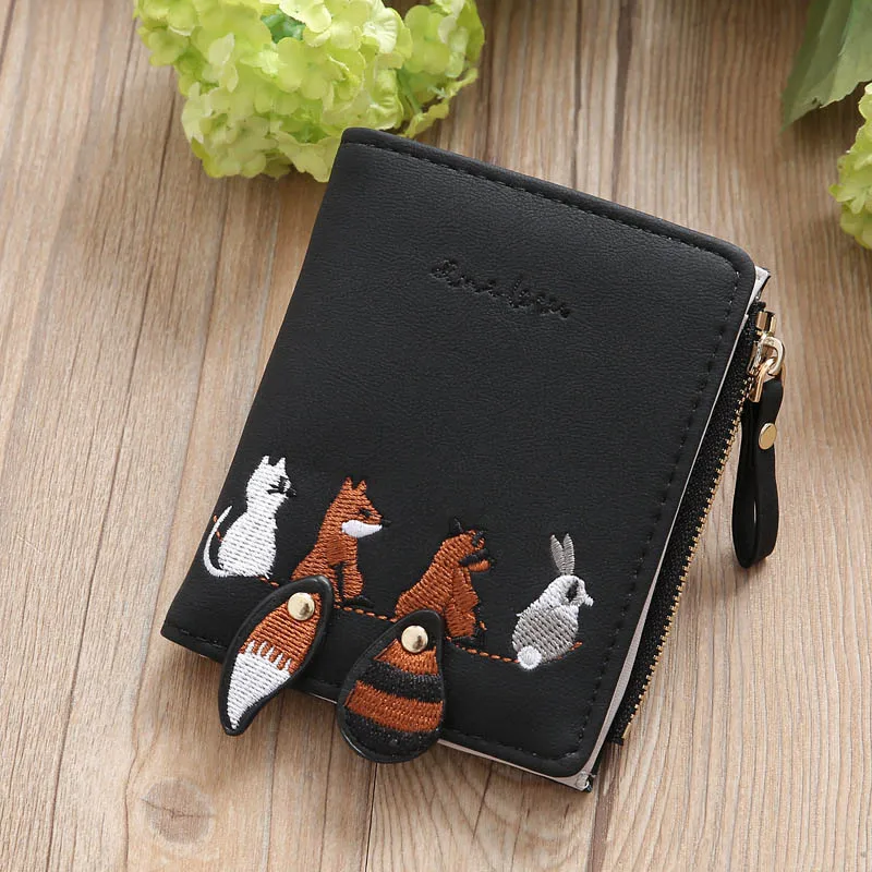 

Women Mini Purse PU Leather Big Tail Fox Embroidery Pattern Card Holder Zero Pouch Lady Casual Short Wallet Best Sale-WT