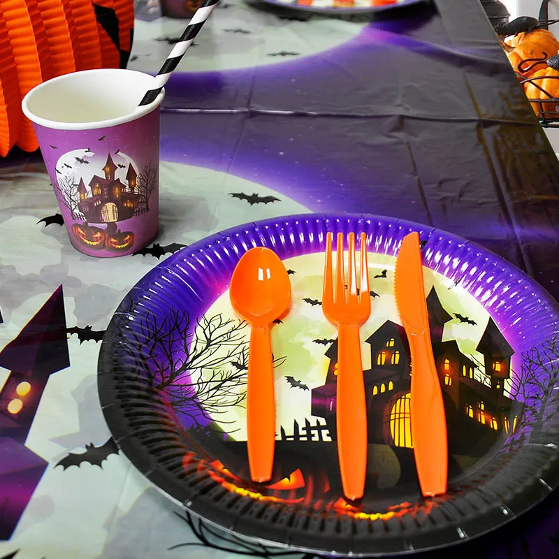 20 штук Хэллоуин одноразовые замок Бумага тарелки чашки Пластик тыквы покрытие стола наборы посуды декоративные принадлежности для