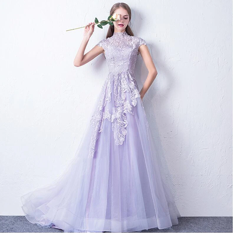 

Lilla Evening Dresses 2019 new yearfairy sweet party Gowns for young lady lace flower illusion formal dress Robe De Soiree