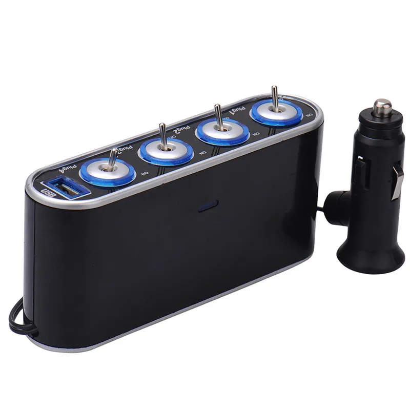 

12V/24V 4 Way Multi Socket Car Vehicle Auto Black Car Cigarette Lighter Splitter USB Ports Plug Adapter
