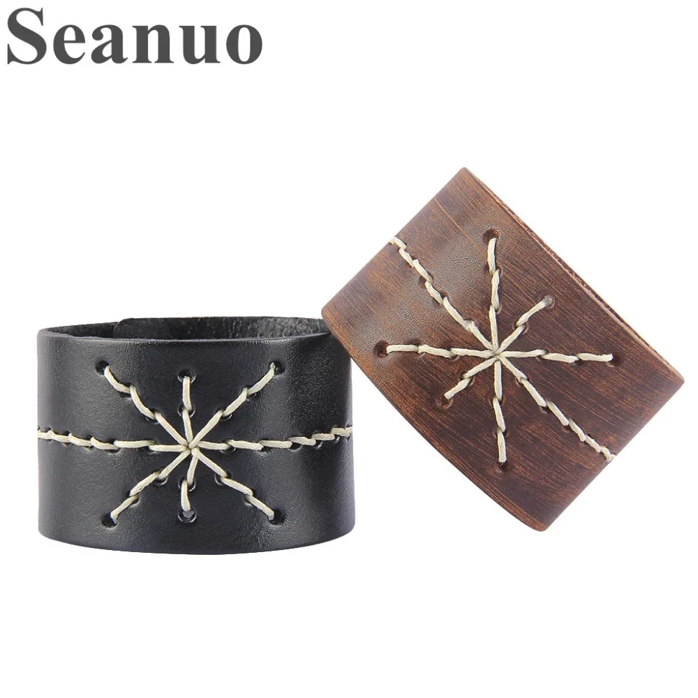 

Seanuo 4.5CM Wide Real Leather Men Wristband Charm Bangles & Bracelets Jewelry Fashion Punk Rock Male Motorcycle Rope Bracelet