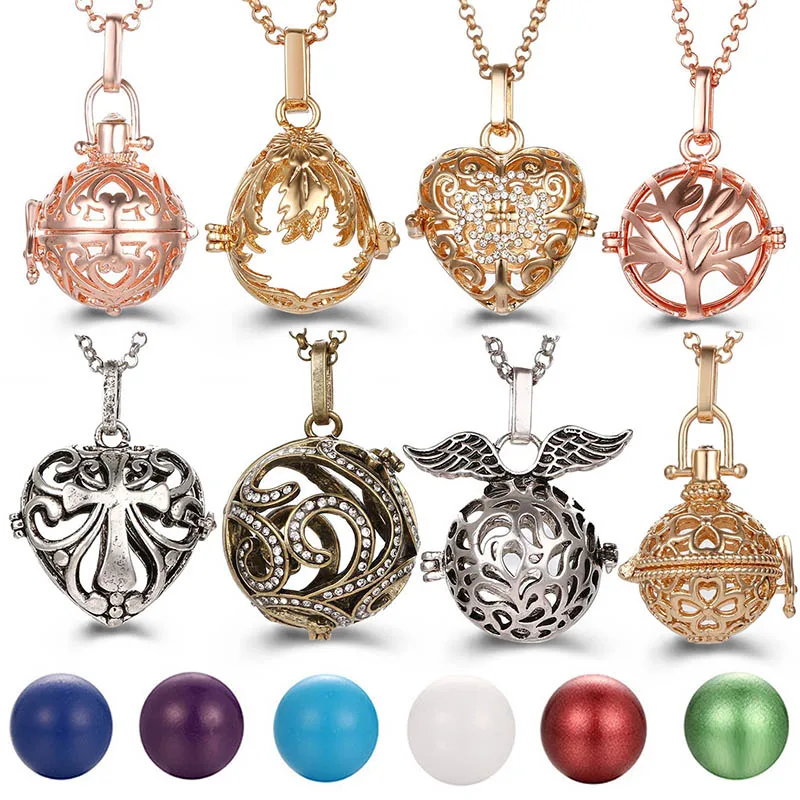 

Mexico Chime Hollow Heart Angel Wings Vintage Necklace Jewelry Music Ball Essential Oil Christ Cross Pregnant Necklace Pendant