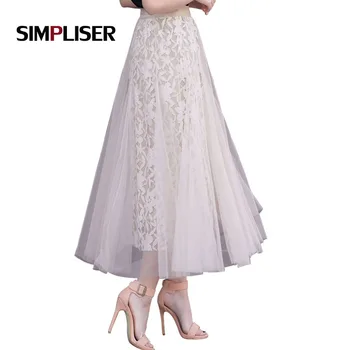 

SIMPLISER Women Lace Pleated Skirt Pink High Waist Floral Prints Mesh Long Skirts Ladies Elastic Waist Clothes Women maxi skirt