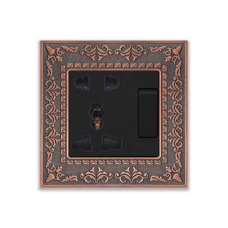 

Luxury emboss 1 Gang 1 Way 16A light switch and 5 Pin Universal 10A wall socket,110~250V UK standard Zinc alloy frame outlet