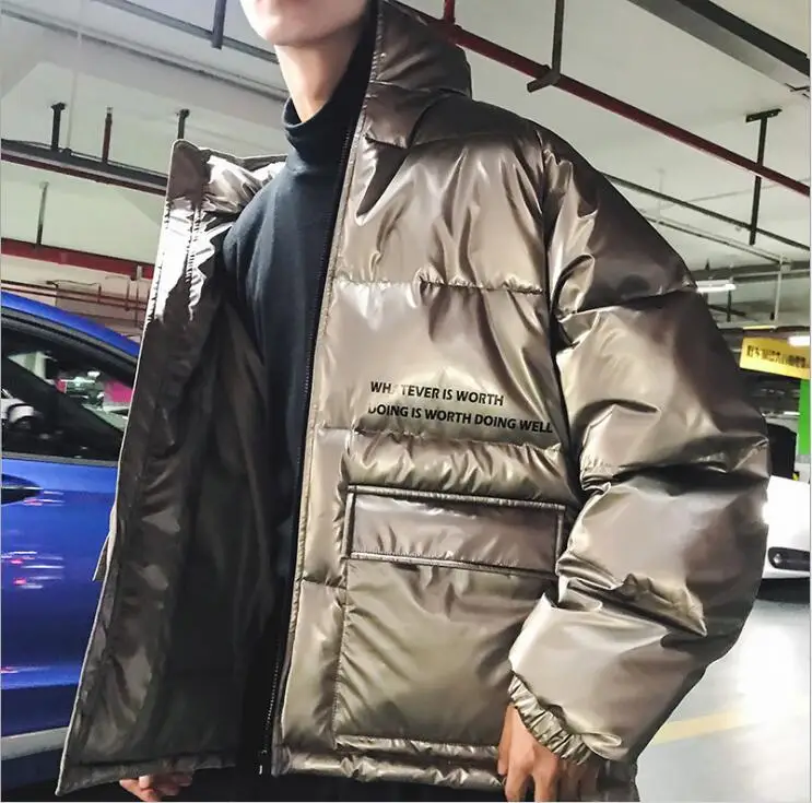 

Stand collar cotton coat men's short winter shiny color handsome personality spirit young men wearing winter cotton clothes