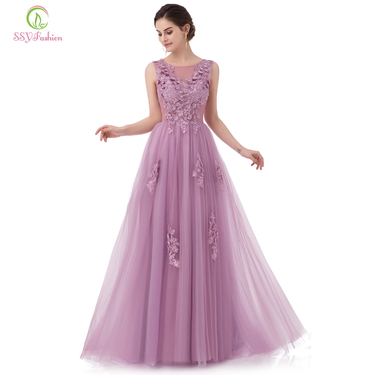 

SSYFashion New Sweet Lace Evening Dress Purple Pink Appliques with Beading Sleeveless Floor-length Long Prom Party Gowns