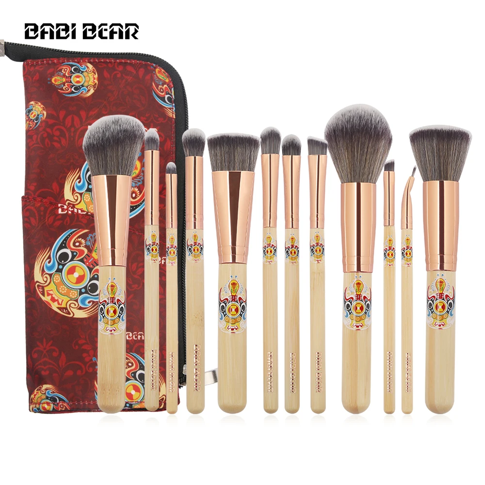 BABI BEAR 12 шт. набор кистей для макияжа бамбуковая Кисть для макияжа мягкий набор камней пудра Контурные тени для век кисти для бровей с сумкой
