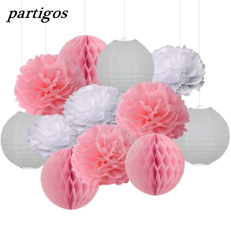 

12PCS/lot Pink White Party Tissue Pompoms Paper Lantern Honeycomb Flower Ball Mixed Girl Baby Shower Birthday Wedding Decoration