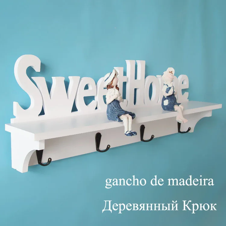 

White Sweet Home Hanger for Keys Carved Wooden Wall Hook New Clothes Rails gancho de madeira Mini Coat Rack