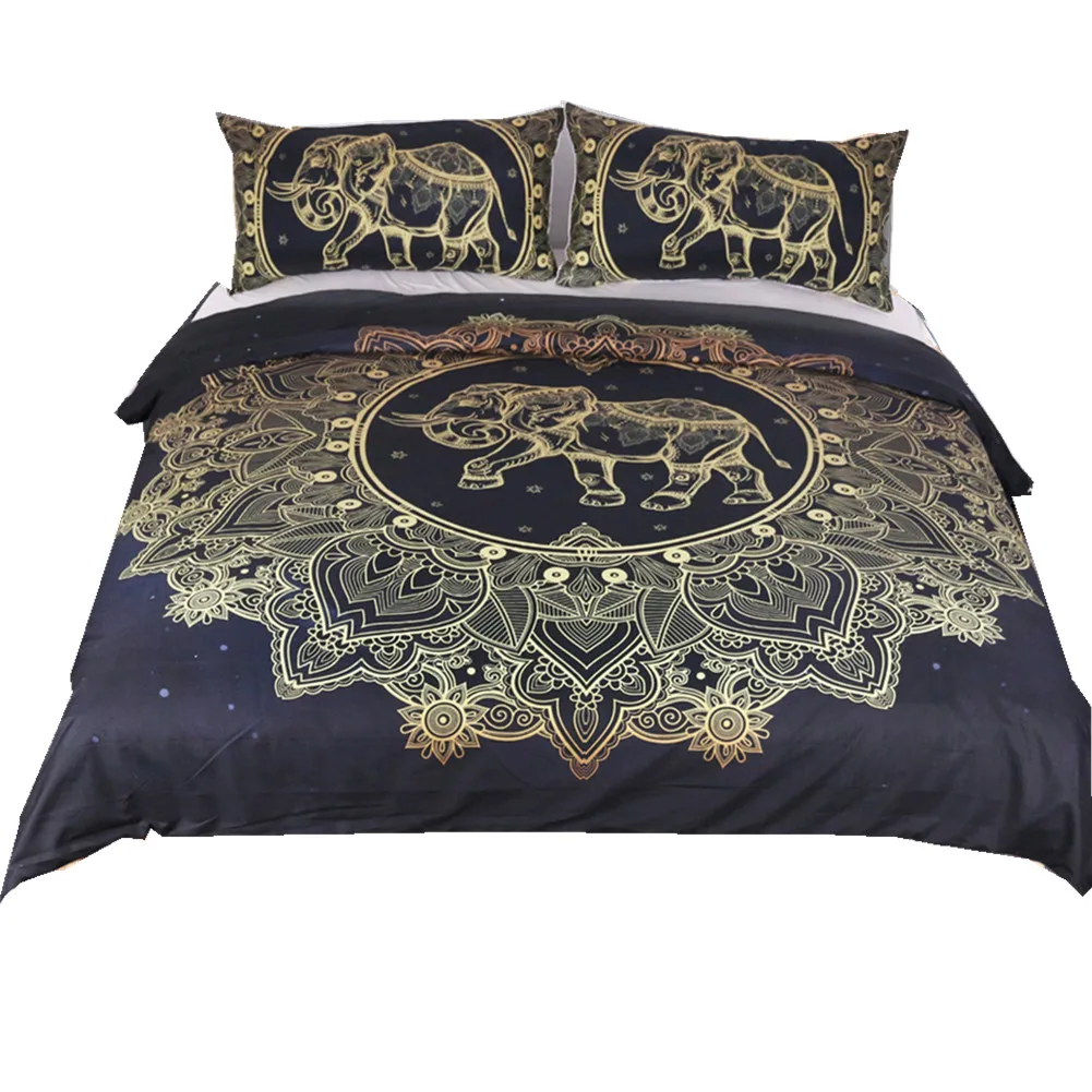 Mandala Elephant Duvet Cover With Pillowcase Black Dark Blue
