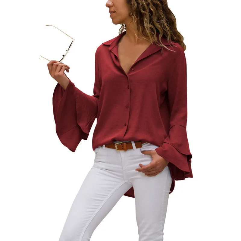 

Fashion women's blouse solid color lapel breathable single row button double layer ruffled horn long sleeve large size shirt