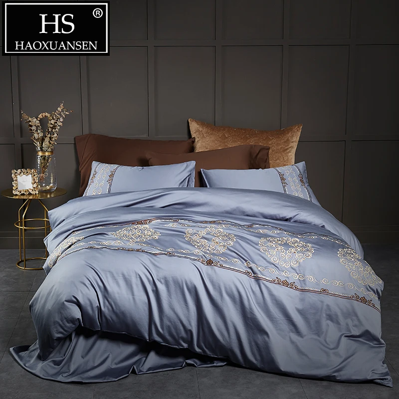 

Luxury European Floral Embroidery 4pcs Bedding Sets 100% Egyptian Cotton Grey Bed Linen Sets Adult Bed Sheet Queen King Size