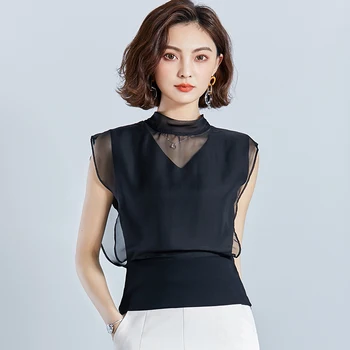 

2019 summer new women blouse ruffles mesh patchwork slim lady black elegant chiffon shirts outwear tops