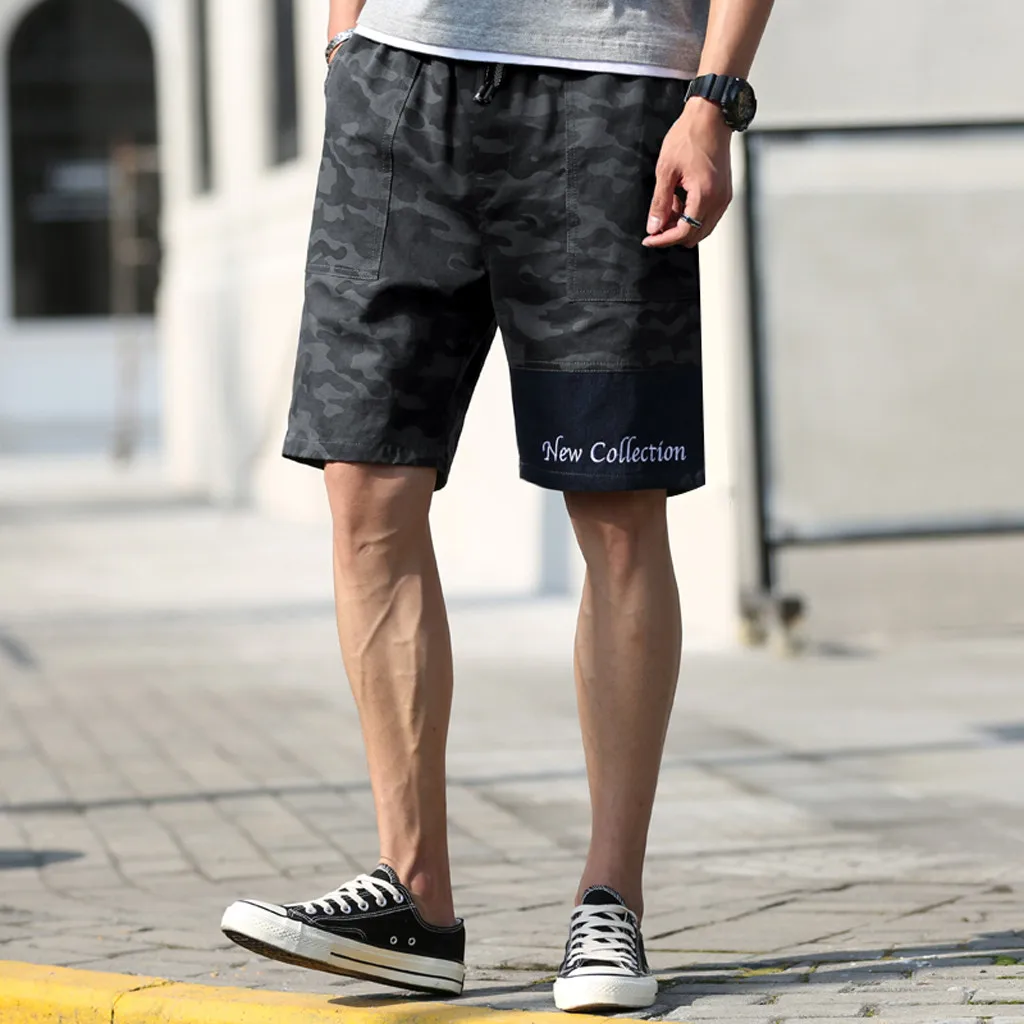 Повседневные летние мужские шорты с эластичной резинкой на талии, спортивные мужские хлопковые шорты, летние Свободные Лоскутные камуфляжные шорты с принтом Y614
