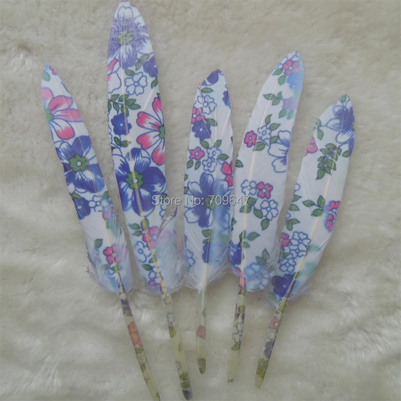 

50PCS/LOT!9-15CM Flowers Printed Goose Feathers,White Feathers with flowers printed,feathers for Party Decor,Dream Catcher